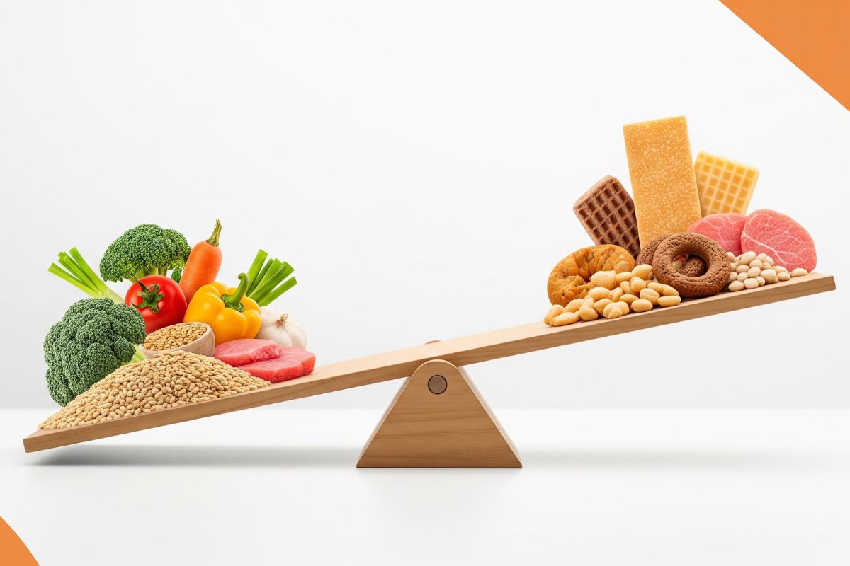 低GI食品（玄米、全粒粉パン、大豆食品、野菜、果物など）がバランスよく並び、健康維持や生活習慣病予防のイメージを伝えるイラスト。