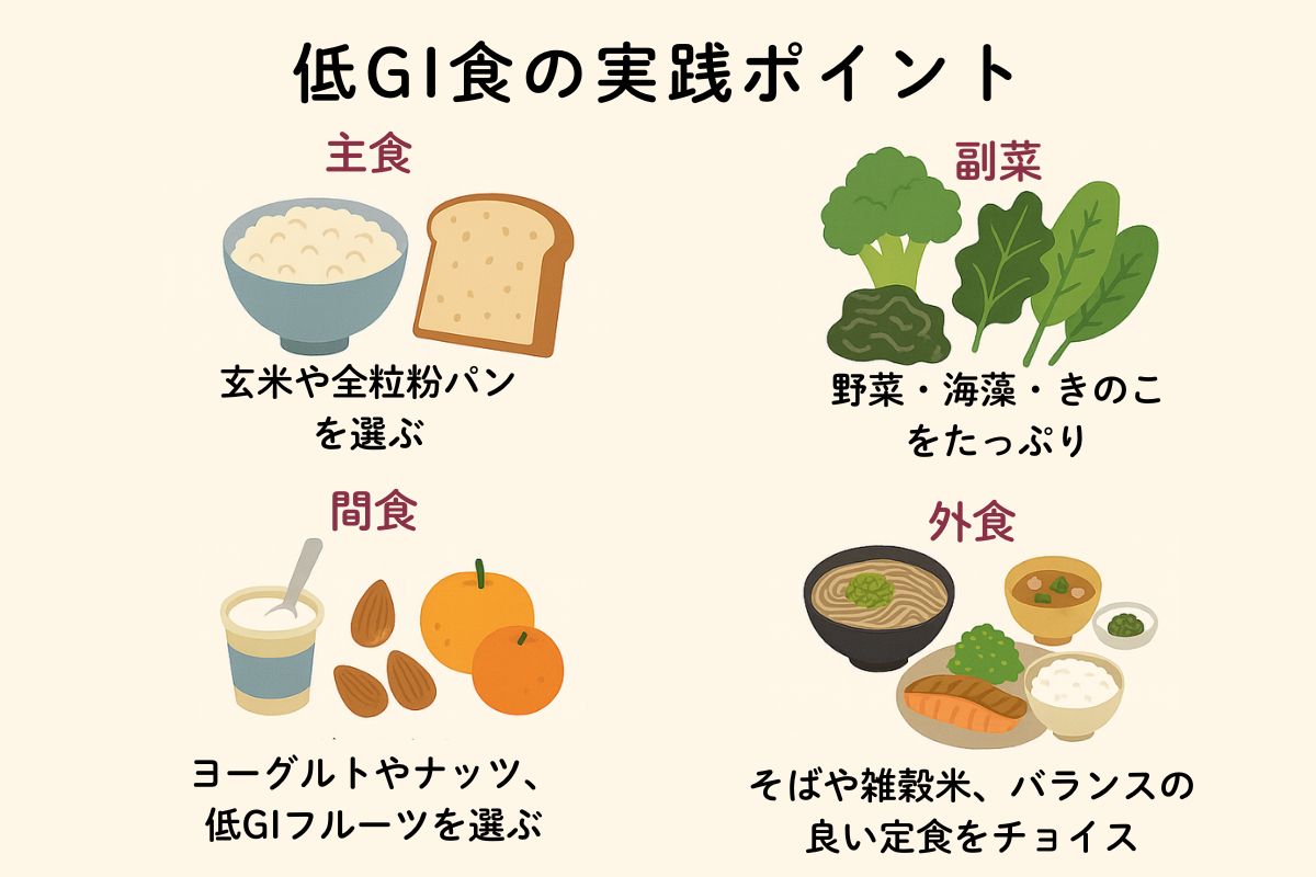 毎日の食卓に低GI食品(玄米、全粒粉パン、大豆製品、野菜、果物など)を取り入れる工夫を図解したイラスト。主食・副菜・間食・外食それぞれのコツがピクトグラムで示されている。