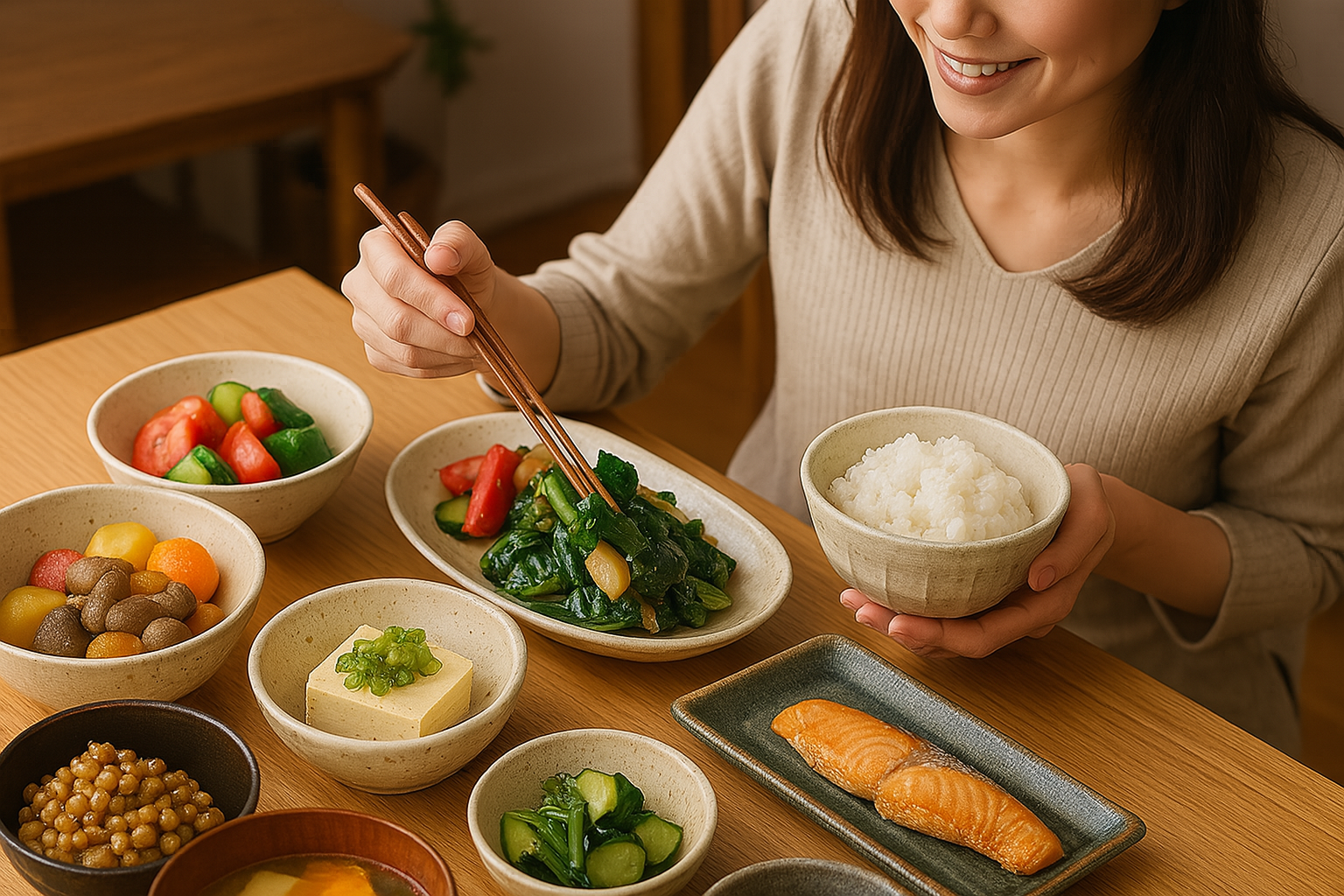 和風の食卓に、炊きたてご飯や味噌汁、焼き魚、季節の野菜料理が並ぶ。バランスの良いグルテンフリーメニューを家族で囲む様子