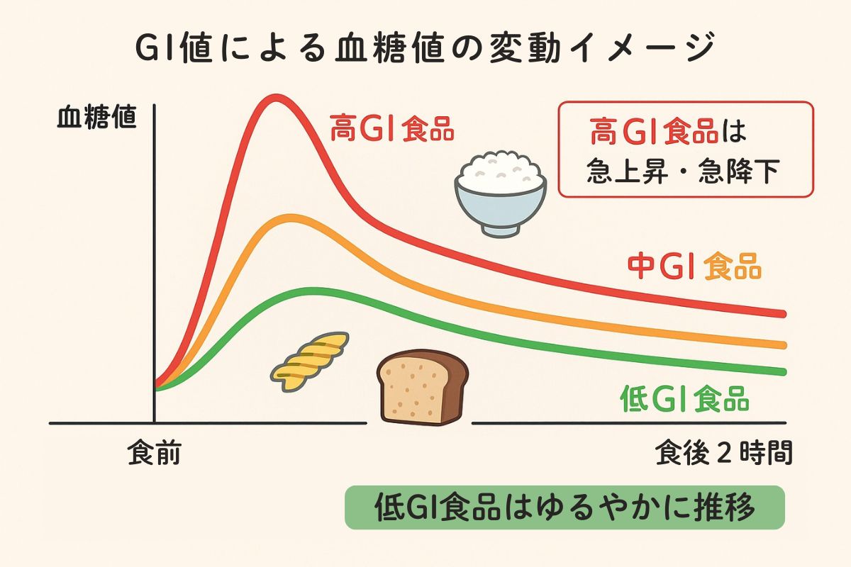 さまざまな食品（玄米、白米、パン、野菜、果物、大豆製品など）が並び、各食品のGI値を比較しながら賢く選ぶことをイメージした図解イラスト。